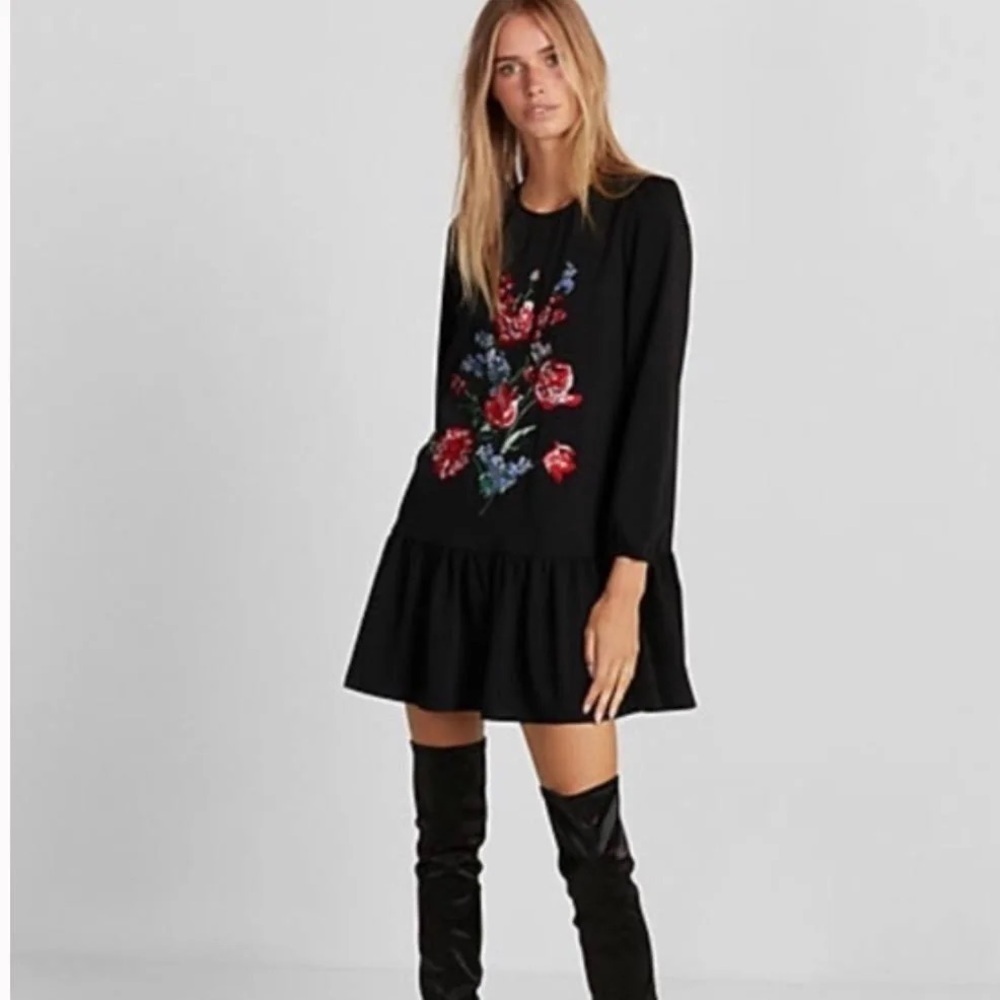 Express black embroidered floral flounce dress size small